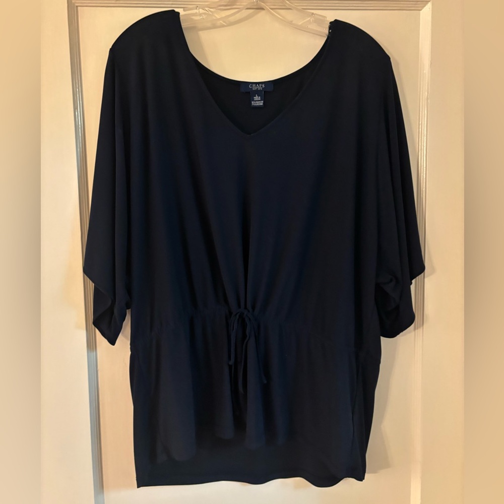 Chaps Women's Navy V-Neck Blouse with Draw-string Waist and Short  Sleeves L